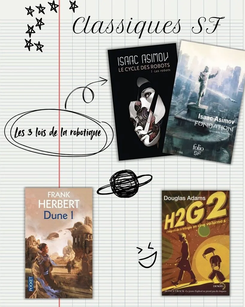 Les classiques de la SF : Isaac Asimov avec les cycles des robots et fondation, Frank Herbet avec Dune et H2G2 de Douglas Adams