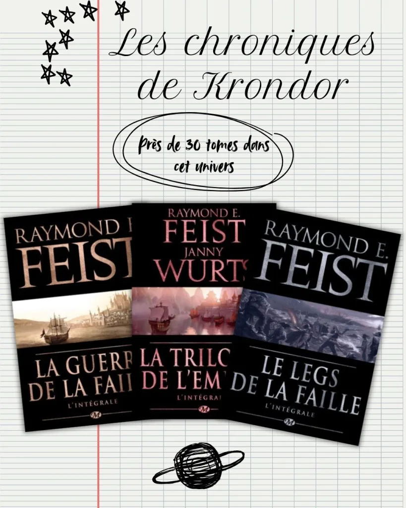 Toirs premiers cycle des chroniques de Krondor : La guerre de la faille, La trilogie de l'empire, Le legs de la faille. L'ensemble de la saga de portal fantasy contient près de 30 livres.